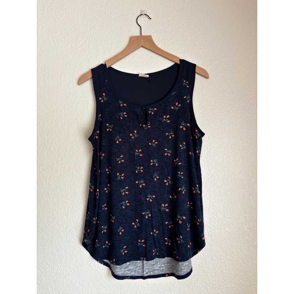 Anthropologie Navy Blue Cherry Print Tank Top Keyhole Mixed Media Sleeveless L